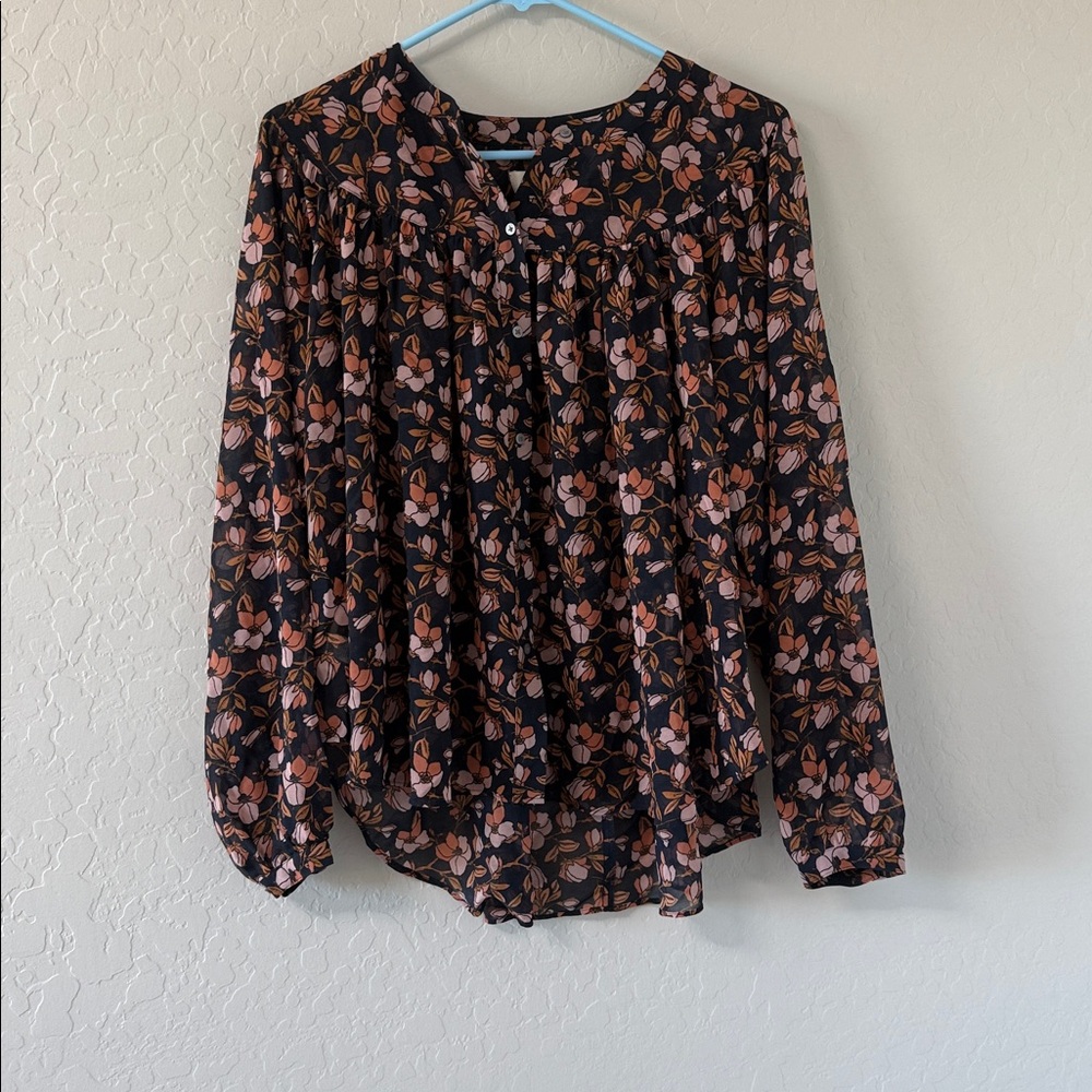 LOFT Black and Pink Floral baby doll style Blouse